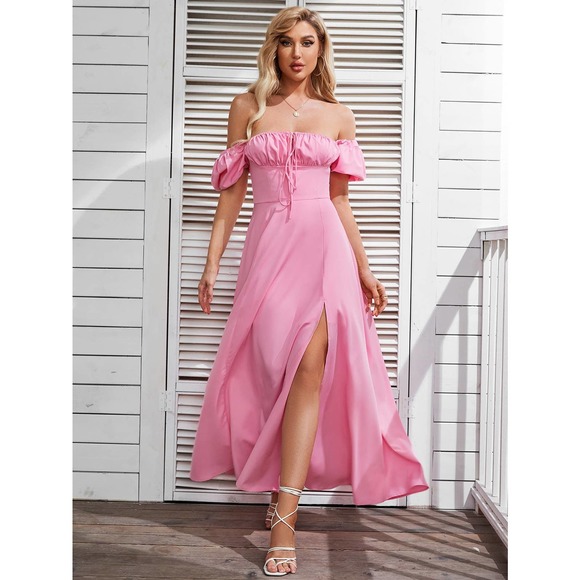 cottagecore Puff Sleeve Tie Front Off Shoulder Slit Thigh maxi Dress black - Picture 10 of 11